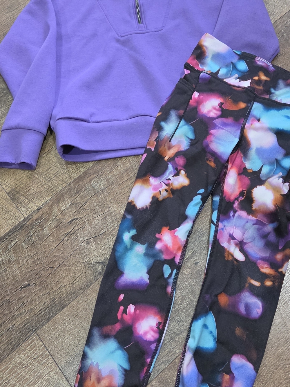 Girls' Purple Floral Active Leggings Set with Pullover